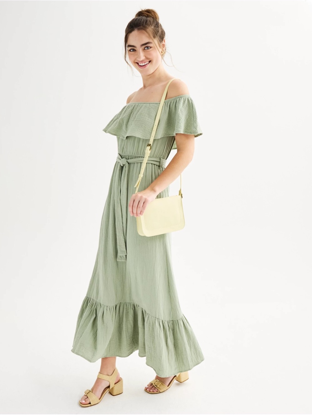Sage Off-Shoulder Maxi Dress with Waist Tie